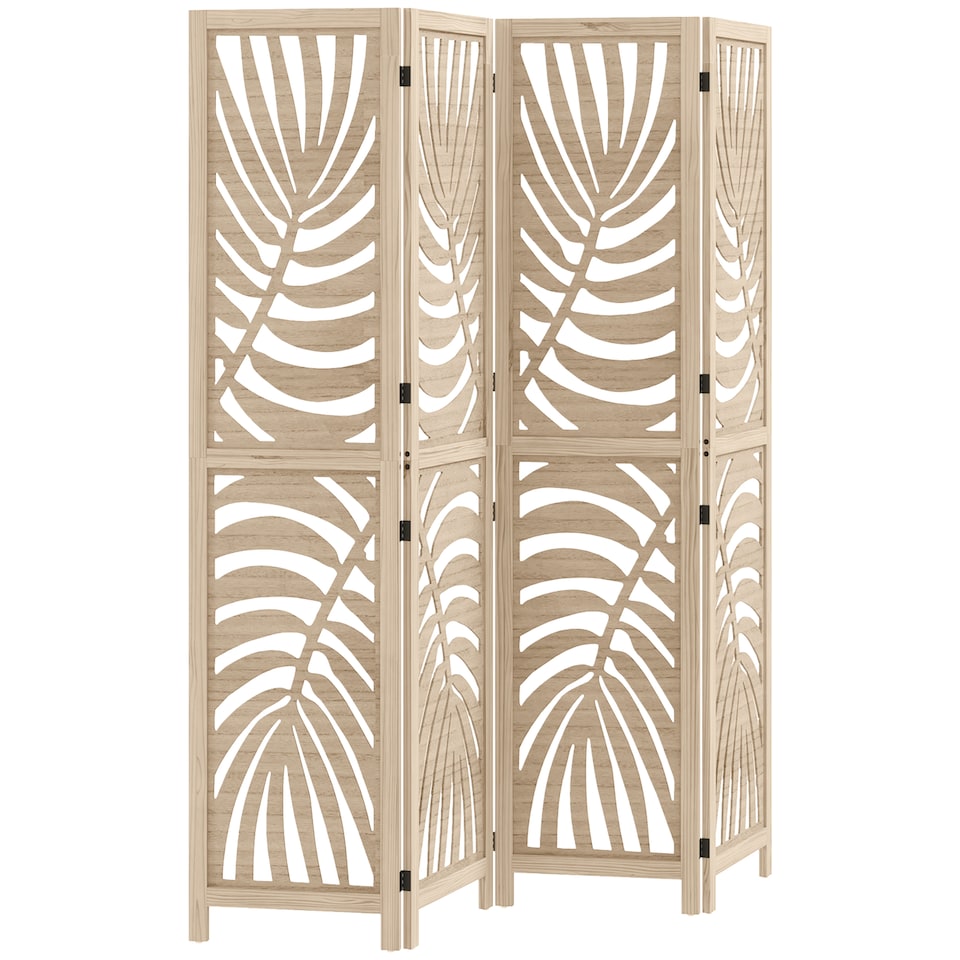 image 1 of HOMCOM 4 Panel Privacy Screens with Palm Leaf Design, Natural Wood Finish