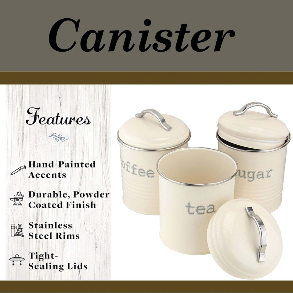image 1 of Apollo Round Cream Kitchen Storage Canister Set of 3 Airtight Tea Coffee Sugar Containers Farmhouse Style Jars with Lids