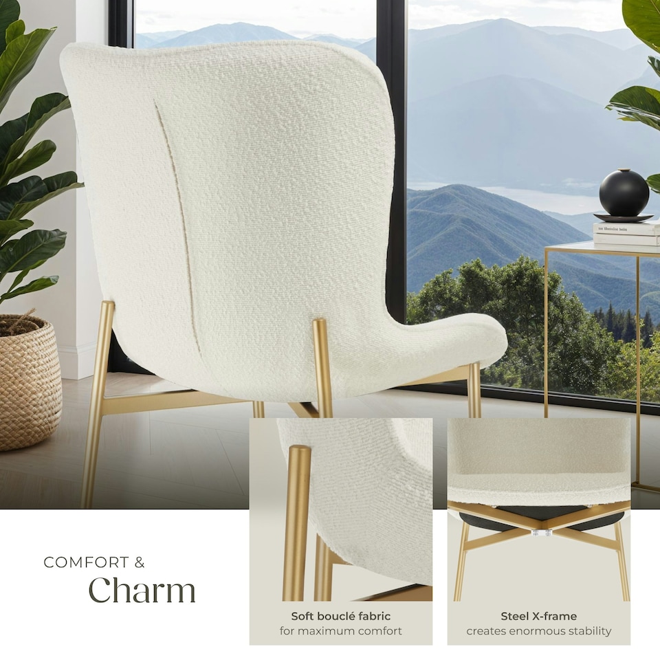 image 1 of Dining Chair Tessa - ergonomic high backrest, slim steel legs, soft fabric - Set of 2 White | Boucle White/Gold