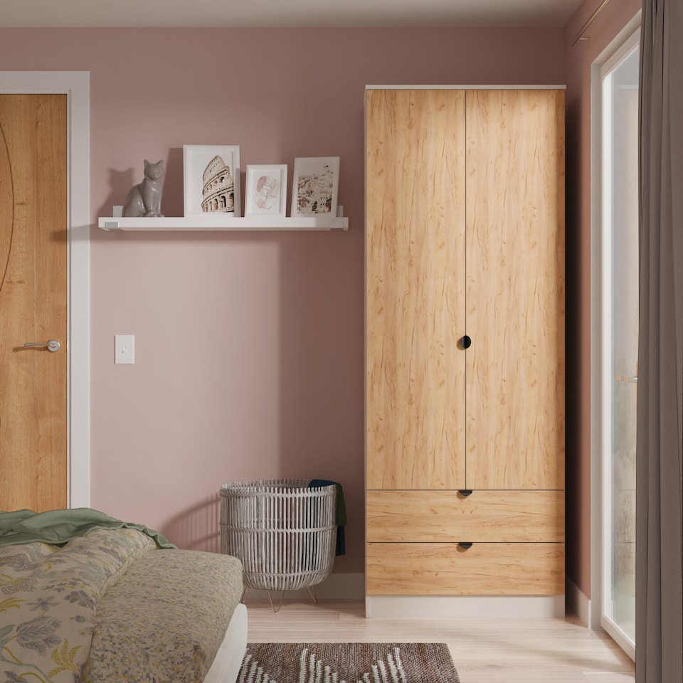 image 1 of Norway Tall 2 Drawer Double Wardrobe in Gold Craft Oak & Kashmir (Ready Assembled) | Brown | Gold Craft Oak & Kashmir