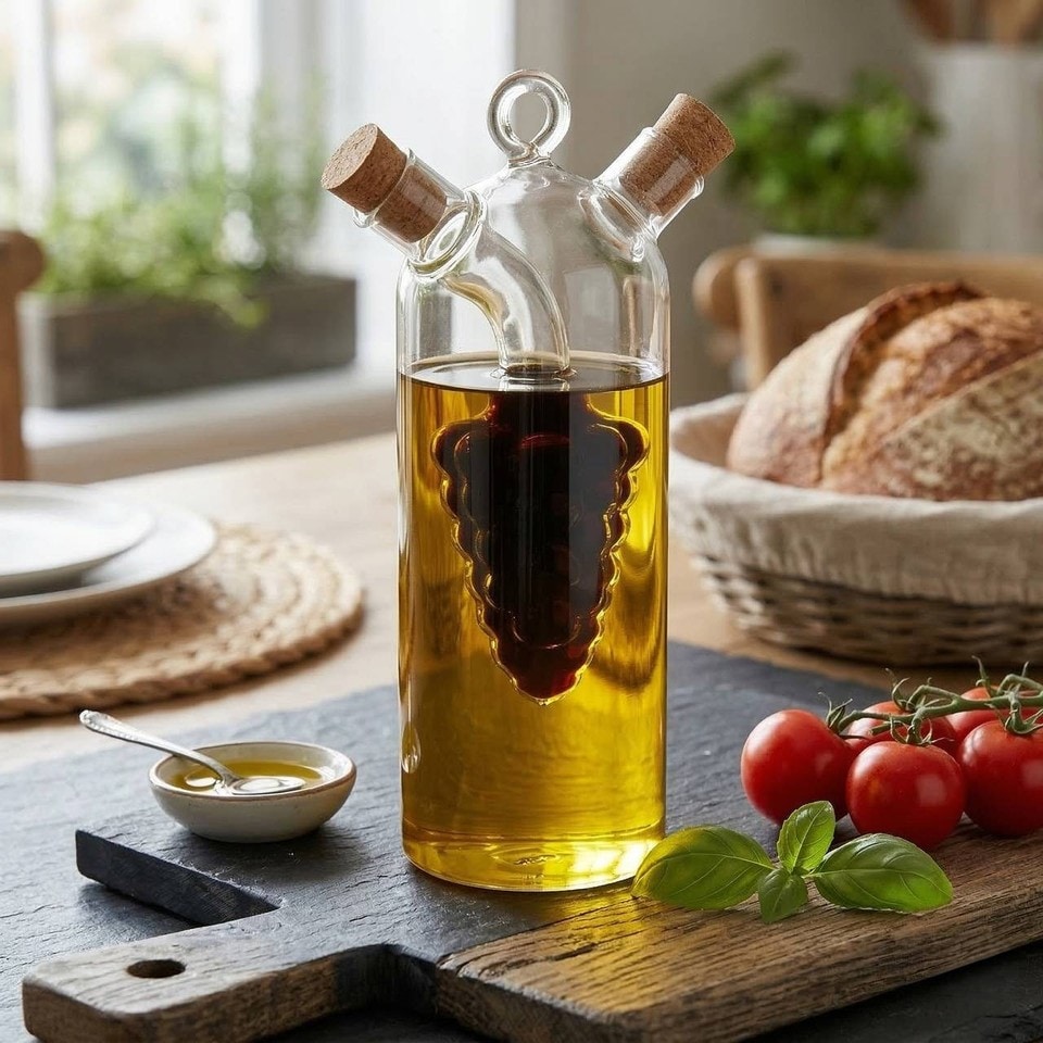 image 1 of 2 In 1 Glass Olive Oil And Vinegar Cruet Dispenser Bottle Dual Chamber