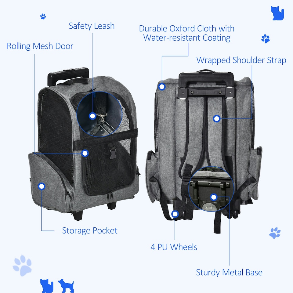 image 1 of PawHut Pet Travel Backpack Bag Cat Puppy Dog Carrier w/ Trolley and Telescopic