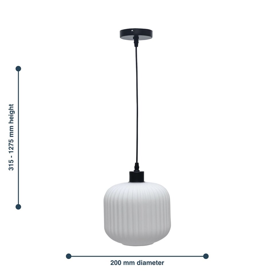 image 1 of Bento - White Ribbed Glass with Black Pendant Fitting | Black | White | 1