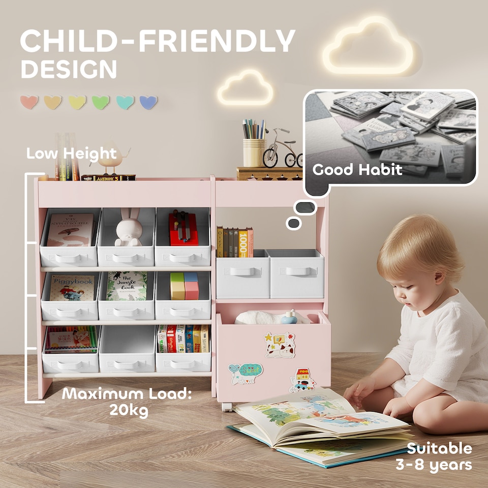 image 1 of AIYAPLAY Kids Toy Storage Unit, Children Toy Box Organiser with 11 Fabric Bins, Cabinet, Top Shelves, 3 Stickers, Kids Storage Unit Bookshelf for Nursery, Playroom, Kindergarten | Pink