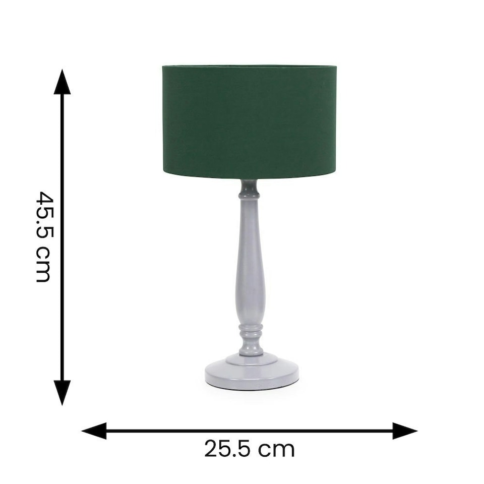 image 1 of ValueLights Victoria Grey Wood Traditional Stem Table Lamp with Green Fabric Drum Shade and LED Bulb