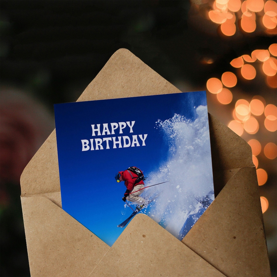 image 1 of Happy Birthday Skier Ski Jump Snow Sport Photo Birthday Card
