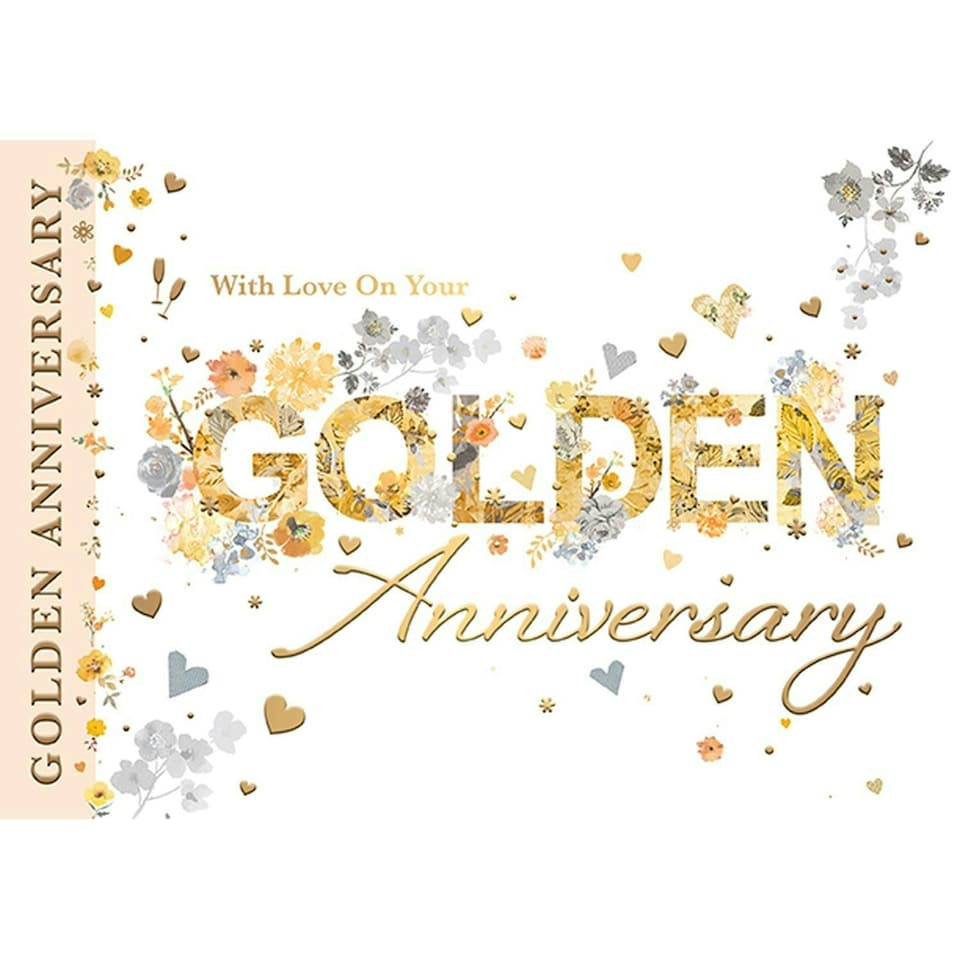 Words 'n' Wishes 50th Milestone Golden Anniversary Large Card - 50 Years - Flowers, Hearts and Embossed with Foil Details - Eco-Friendly