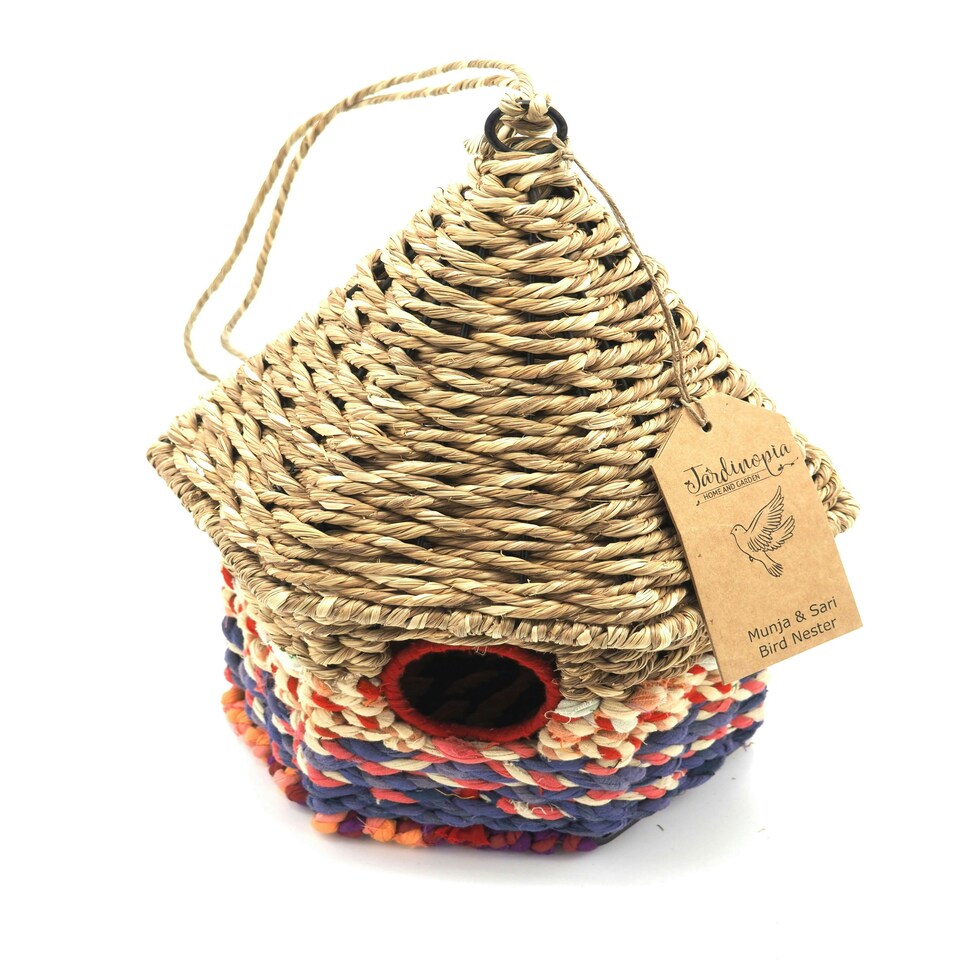 image 1 of Munja & Sari Cyclindrical Roof Shaped Jute Bird Box Nester Multi