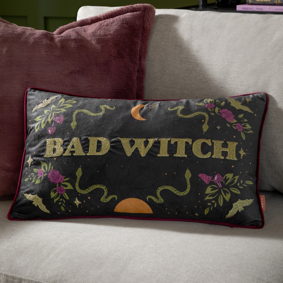 image 1 of Furn Bad Witch Embroidered Velvet Cushion | Black | Black Magic