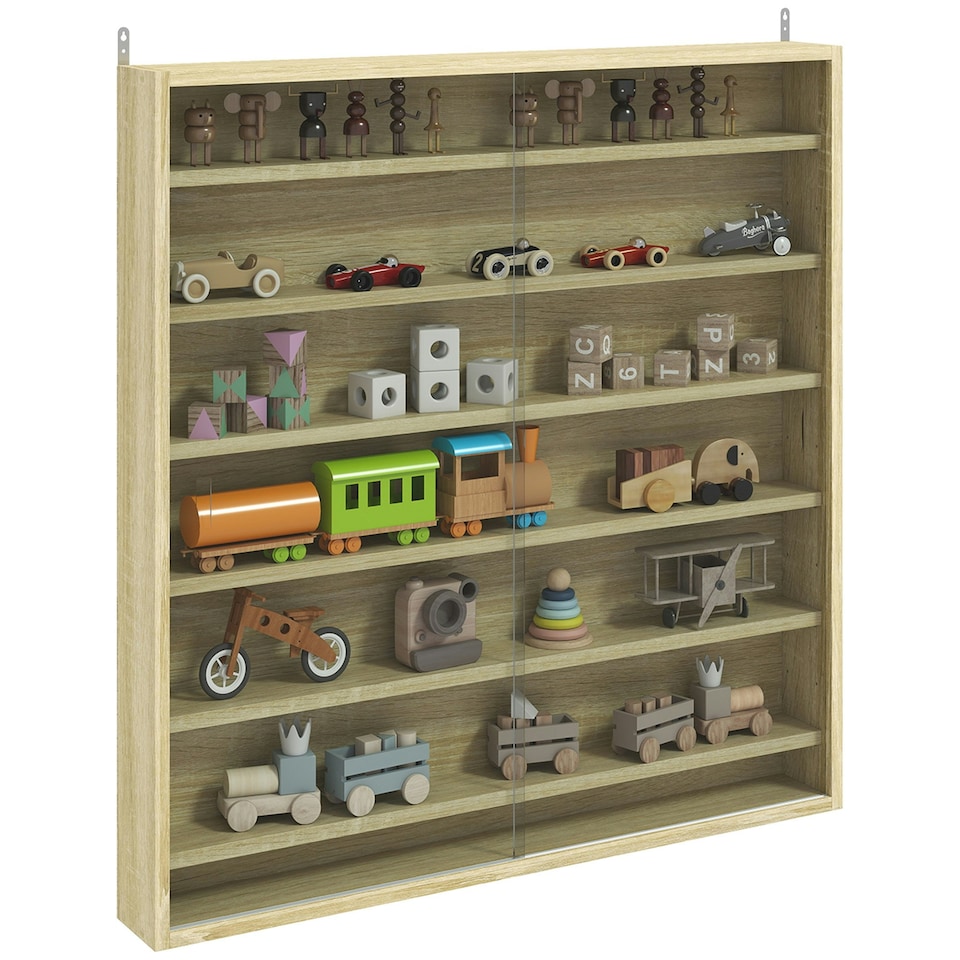 image 1 of HOMCOM 7-Tier Wall Display Cabinet w/ Shelves Glass Doors, Oak Brown