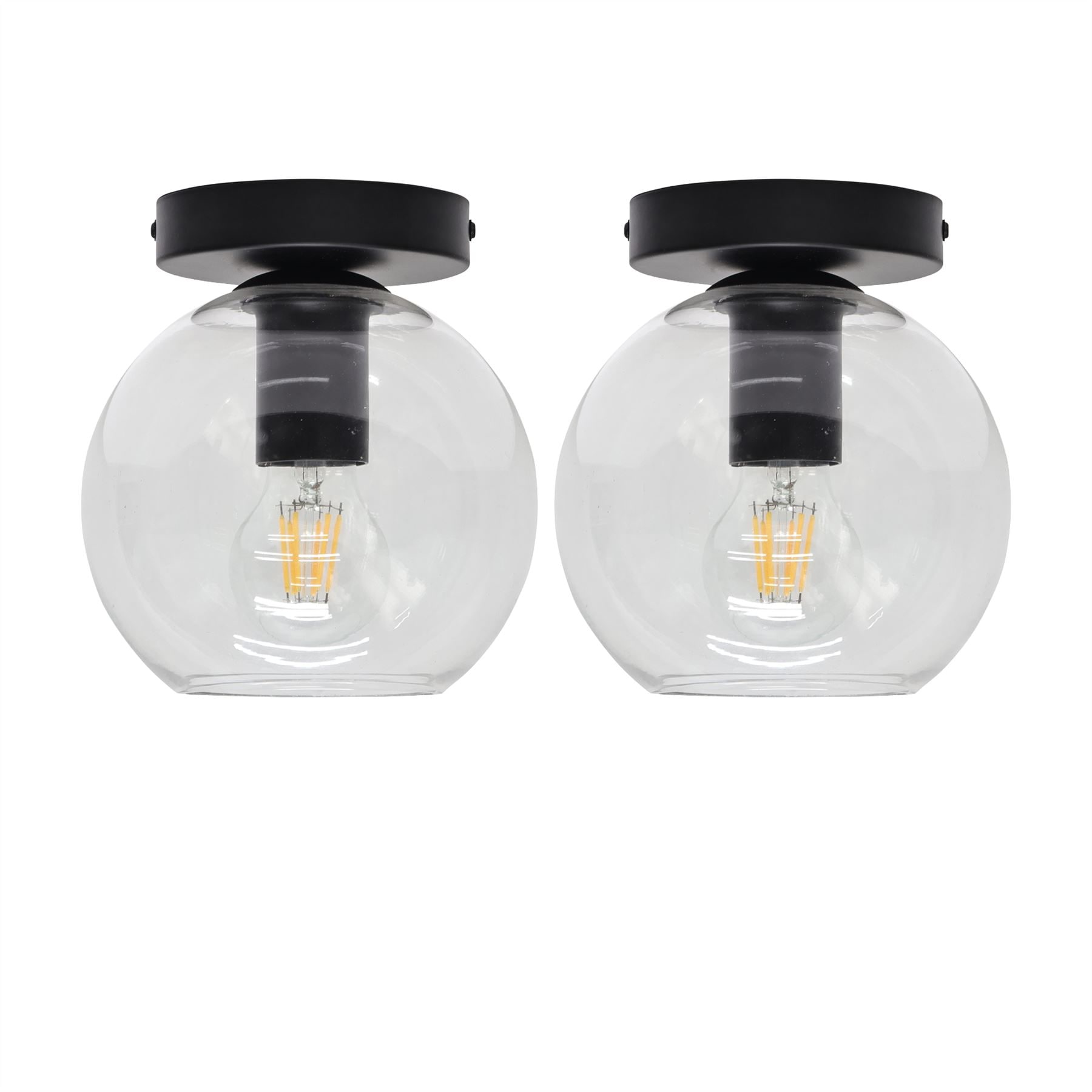 First Choice Lighting Set of 2 Barnum - Clear Glass Globe Black Ceiling Light Fittings
