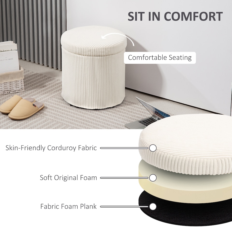 image 1 of HOMCOM 40cm Round Storage Ottoman, Corduroy Footstool with Removable Lid and Legs, Vanity Stool for Living Room, Bedroom, Beige | Brown