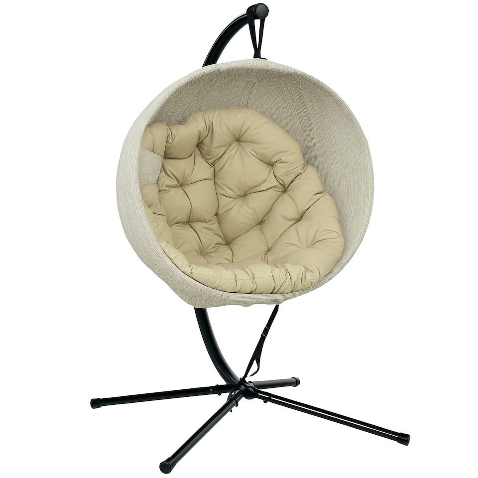 image 1 of Outsunny Hanging Egg Chair Outdoor Indoor Swing Chair, Folding Basket, Khaki
