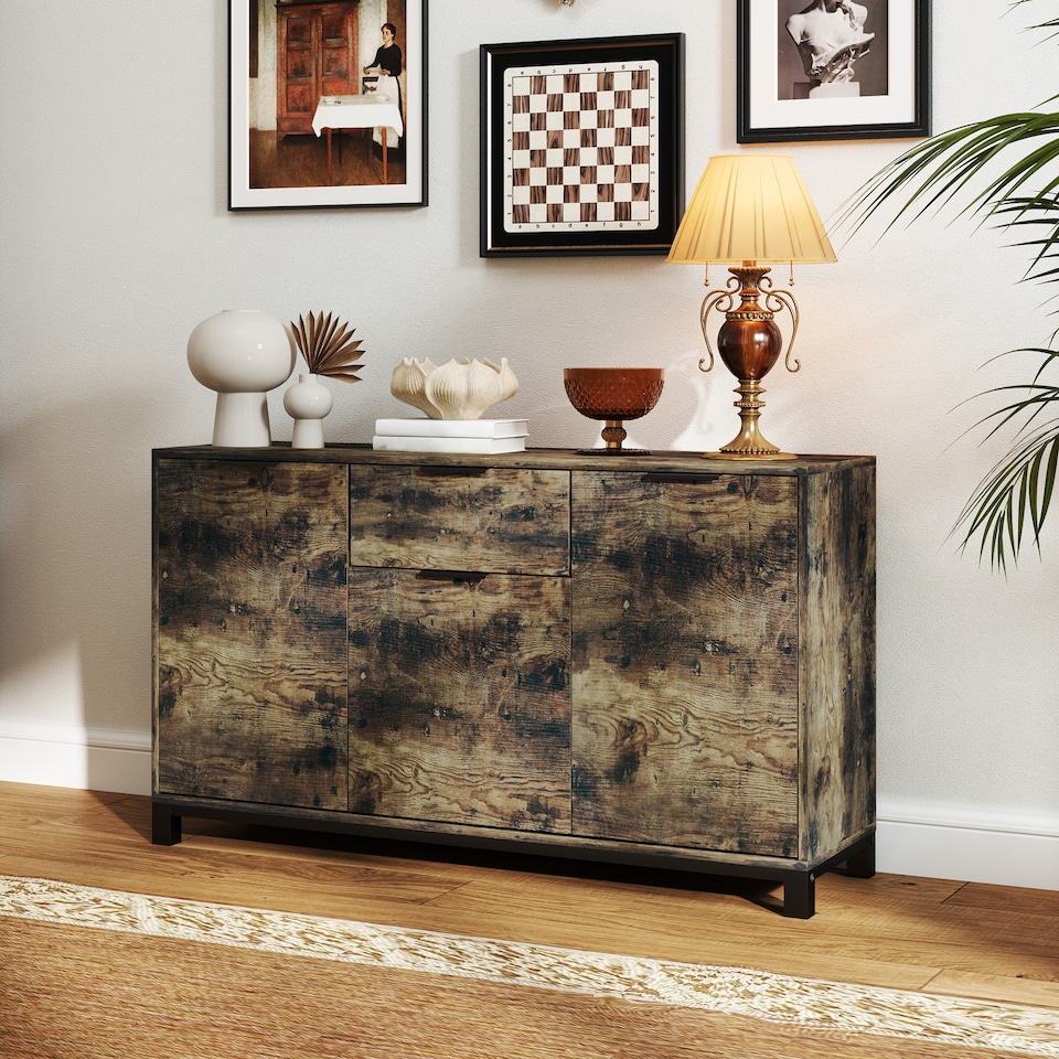 image 1 of HOMCOM Sideboard, Industrial Storage Cabinet with Doors, Drawer, Cupboard and Adjustable Shelves for Living Room, Dining Room, Hallway, Rustic Brown