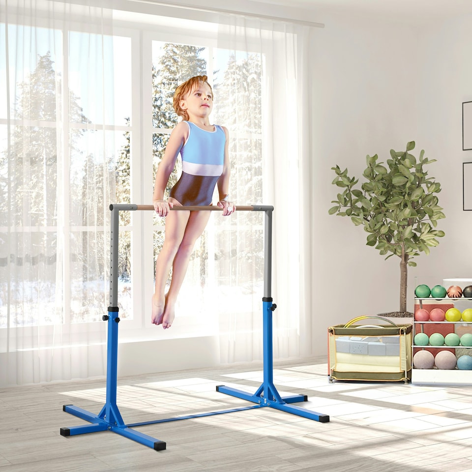 image 1 of HOMCOM Adjustable Kids Gymnastics Bar Horizontal Training Steel Frame Wood Blue