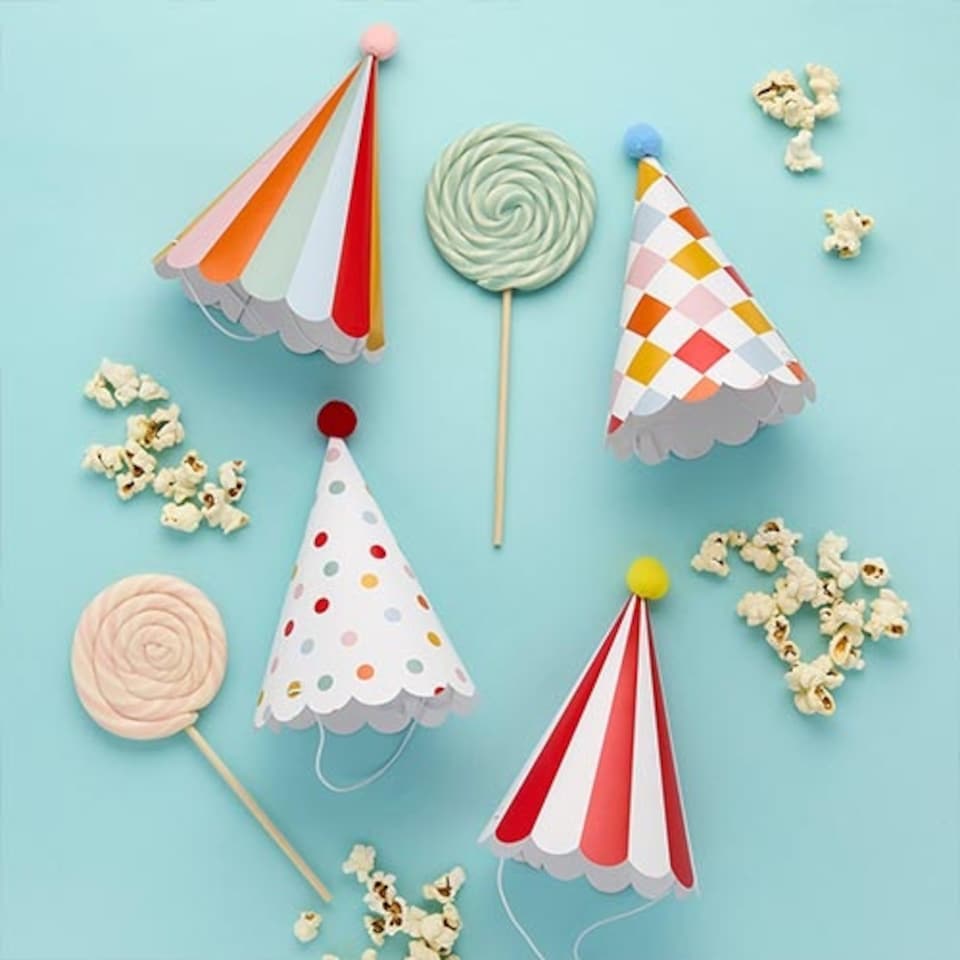 image 1 of Circus Scalloped Paper Party Hats with Pom Poms - Pack of 8