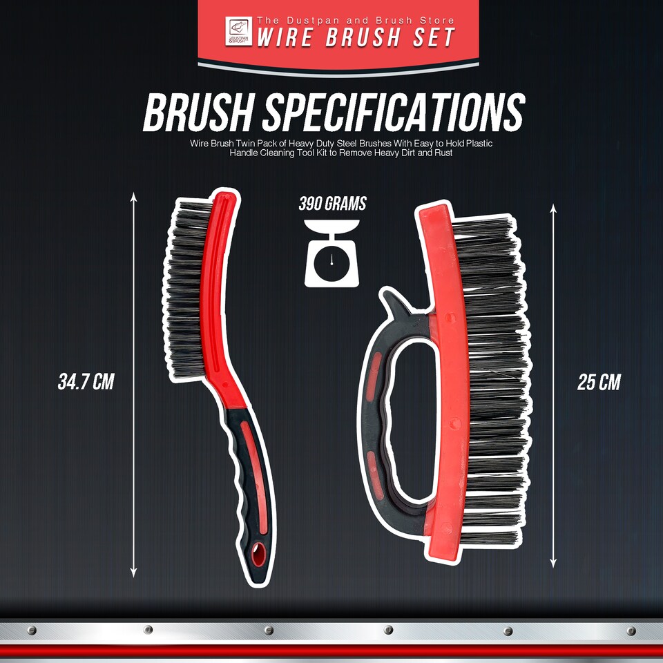 image 1 of Heavy Duty Wire Brush Set Steel Bristle Long Handle, D-Grip Block Rust & Paint Removal Kit