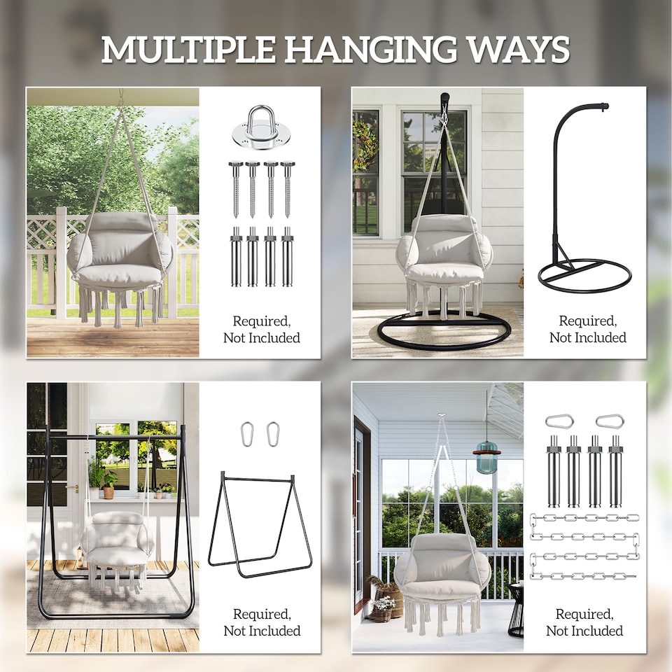 image 1 of Outsunny Hanging Chair Outdoor Hammock Chair with Soft Cushion, Cotton Rope Boho Style Swing Chair, Hanging Garden Swing Seat for Indoor Outdoor, Cream White | Cream | Cream