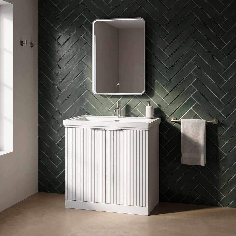 image 1 of Balterley Callingwood Contemporary Floor Standing 2 Door Vanity Unit with Traditional 1 Tap Hole Fireclay Basin , 800mm, Matt White