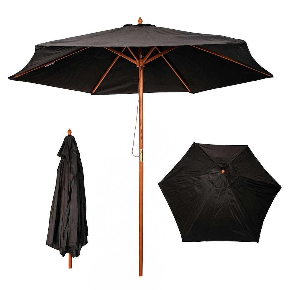 image 1 of 2.4m Wooden Garden Patio Sun Shade Parasol Shaft & Pulley in Black