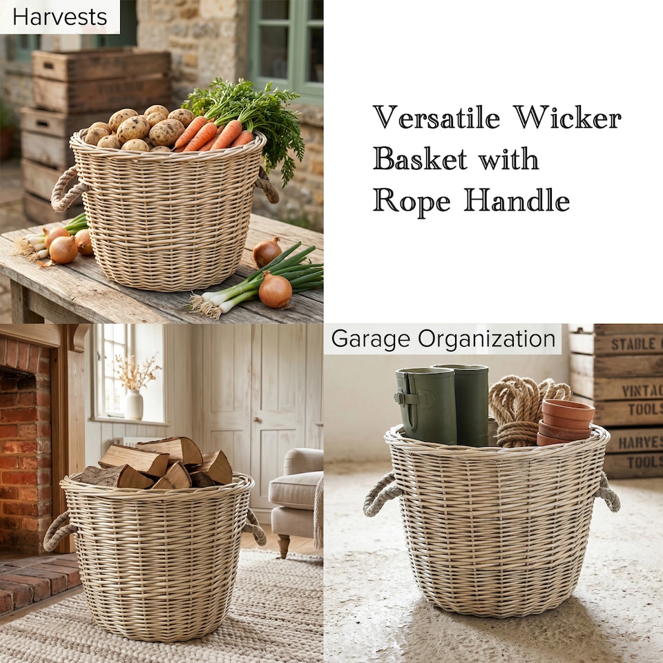 image 1 of Wickerfield Round Wicker Log Basket with Rope Handles and Fabric Lining