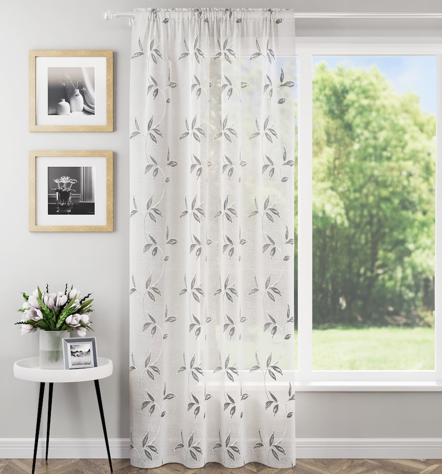 image 1 of Oasis Grey Embroidered Leaf Design Voile Panels - Pair 140 x 122cm (55x48")