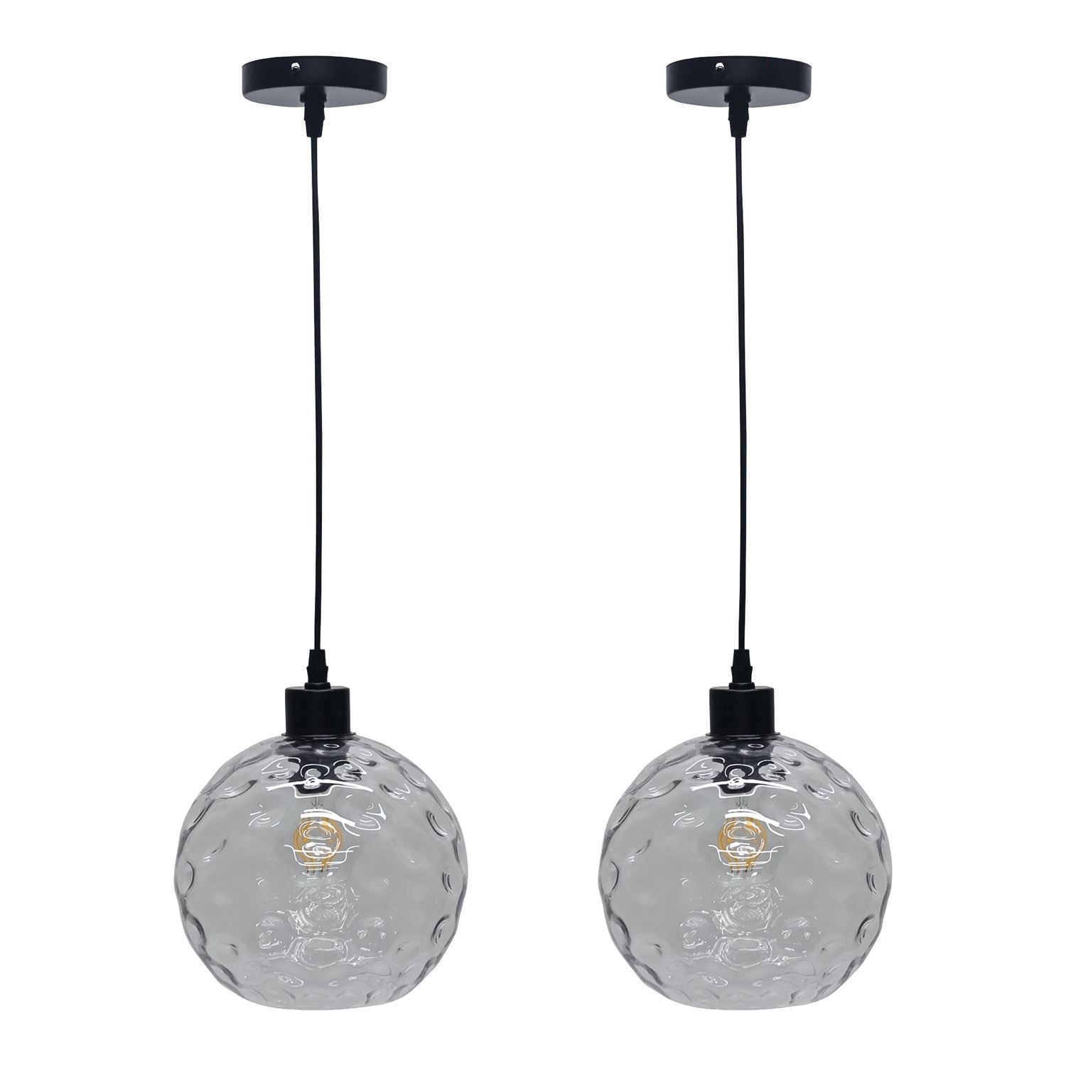 First Choice Lighting Set of 2 Barnum - Clear Dimple Glass Globe with Black Pendant Fittings