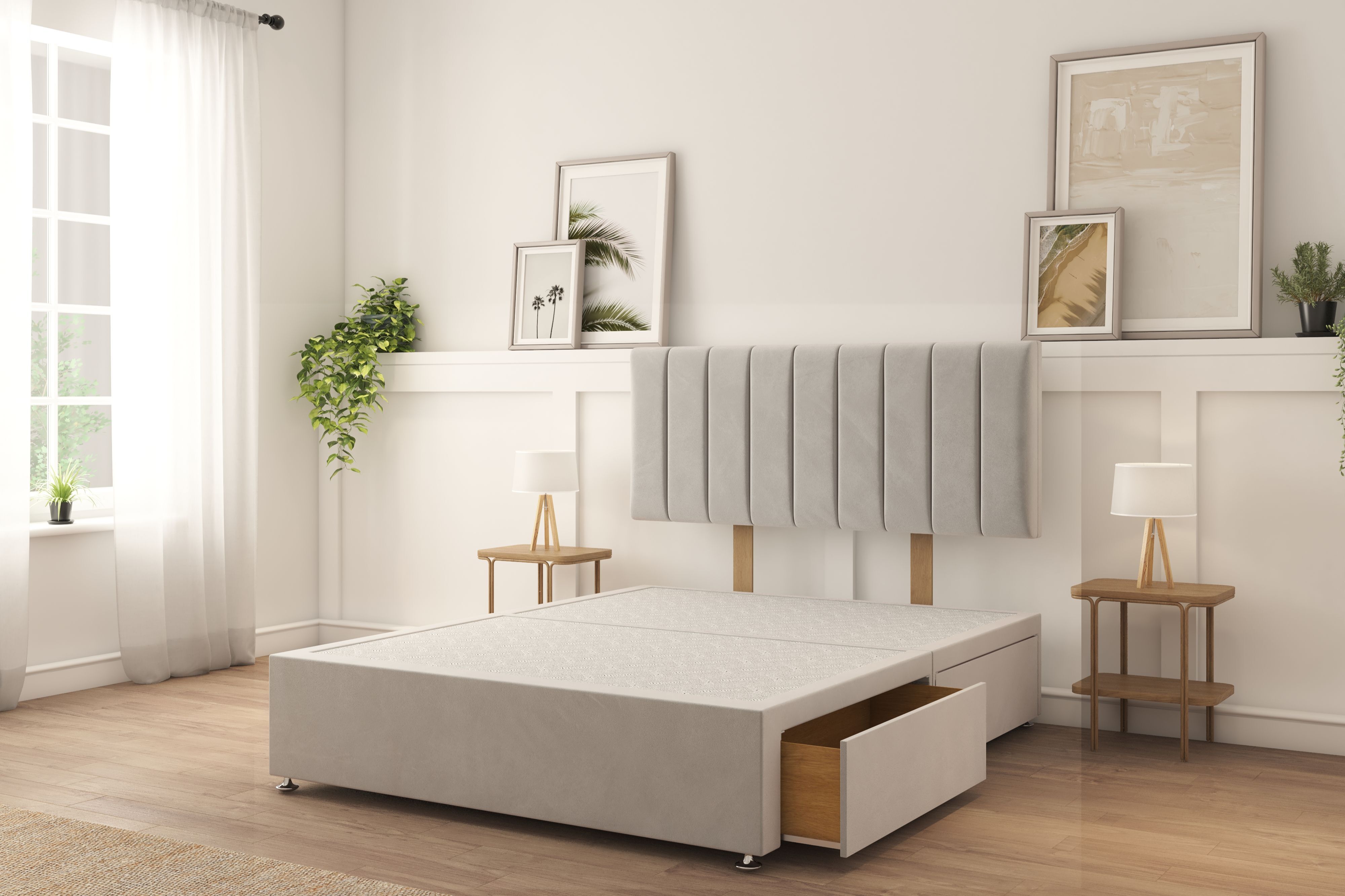 Sloomy Kansas Silver Plush Divan Bed Base 2 Drawers Same Side With 26" Strutted Headboard 4'6 Double