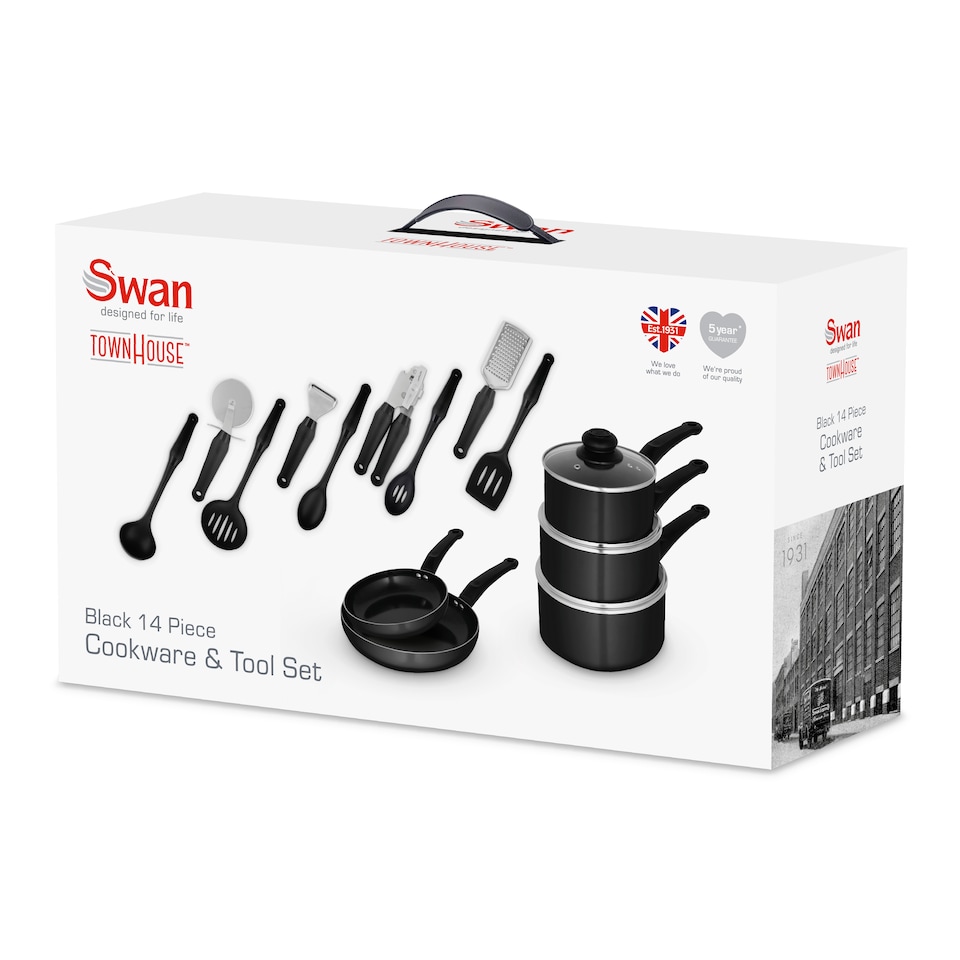image 1 of Swan Townhouse 14 Piece Aluminium Cookware and Tool Set with 16/18/20cm Saucepans with Glass Lids and 20/26cm Frying Pans, Black