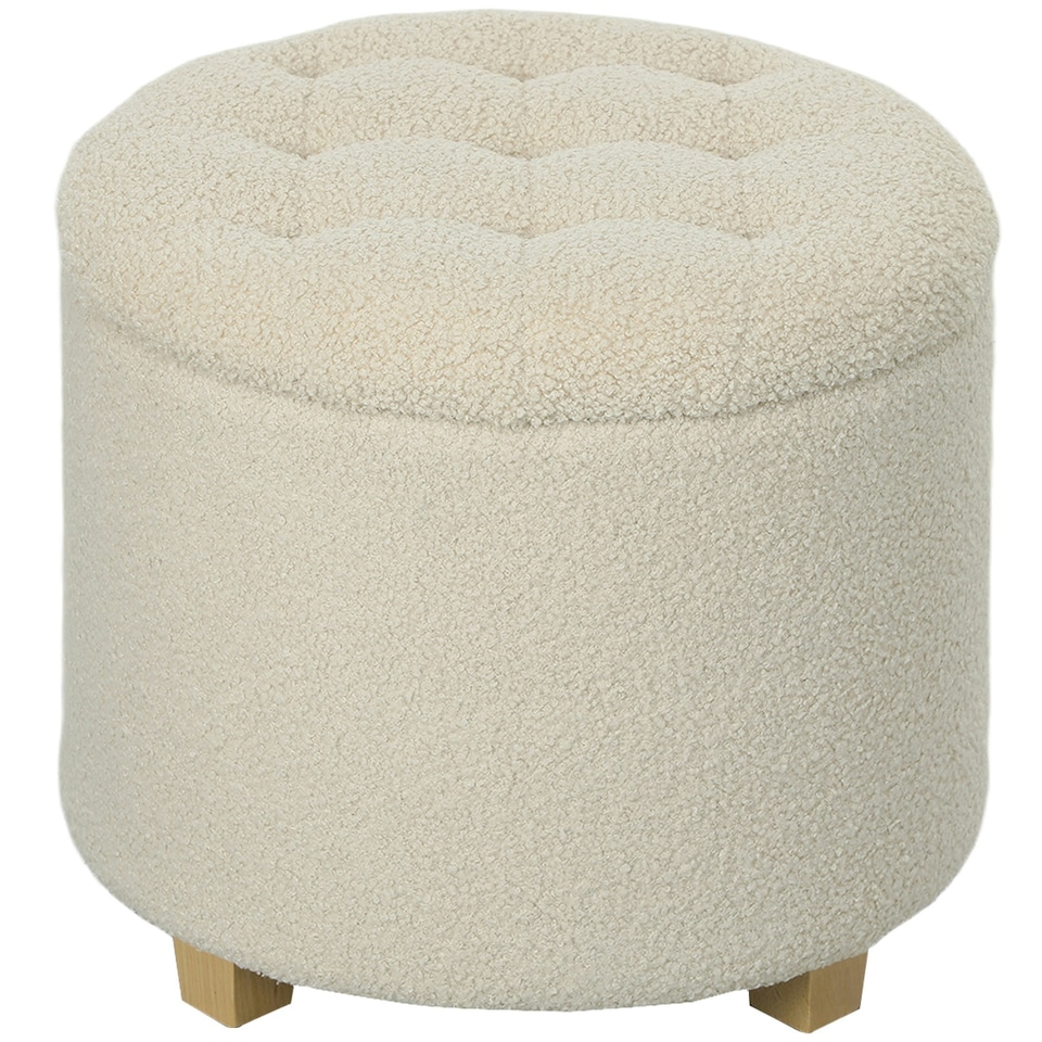 image 1 of HOMCOM 45cm Round Ottoman with Storage, Lid, Cashmere Footstool, Cream White Cream