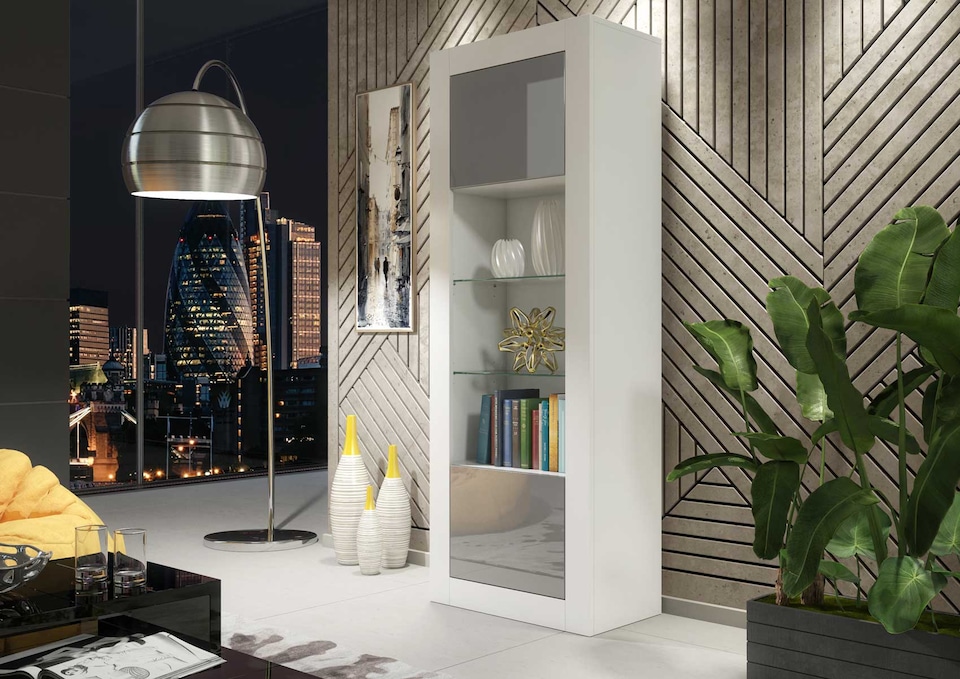 image 1 of Display Cabinet Bookcase Bookshelf Storage Cabinet Glass Display Unit White Grey High Gloss 170cm