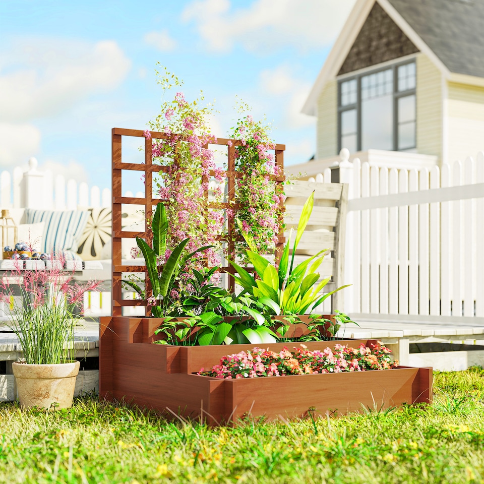 image 1 of Outsunny 3 Tier Wooden Garden Planters with Trellis for Vine Climbing Plants | Brown | Brown