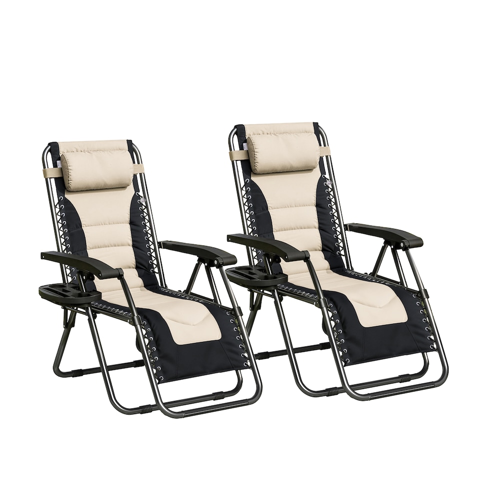 Set of 2 Zero Gravity Heavy Duty Outdoor Garden Reclining Chairs with Padded Seat Cream