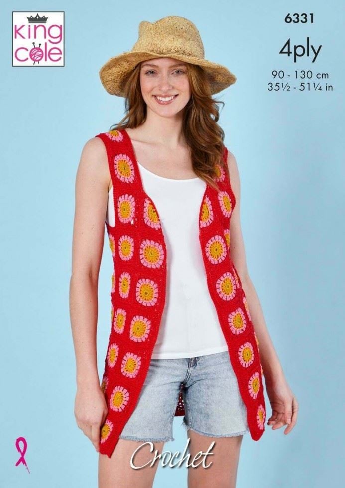 King Cole Giza Cotton 4 Ply Crochet Pattern 6331, Waistcoats for Women - 35.5 - 51.5 Inches