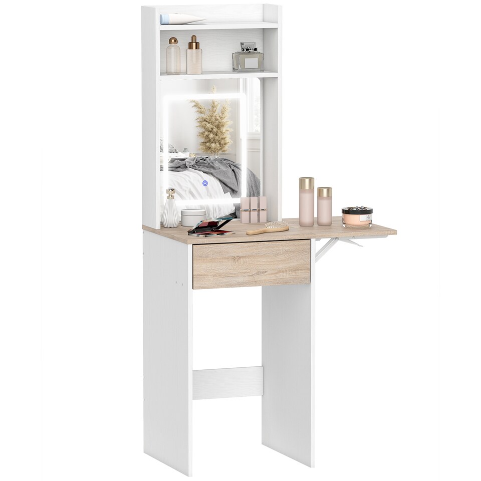 image 1 of HOMCOM Compact Dressing Table with Lighted Mirror Open Shelves Drawer | White