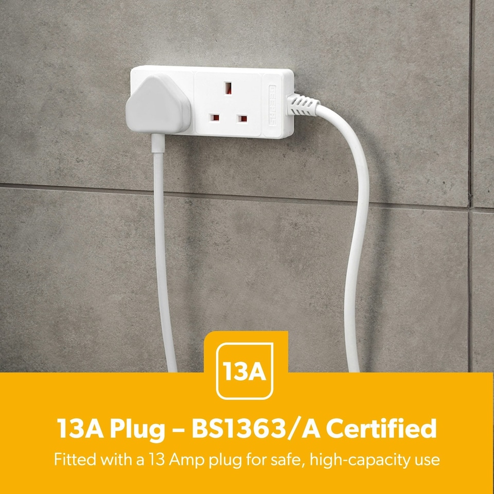 image 1 of GEEPAS 13A 2 Gang Extension Lead 1m cable,  White