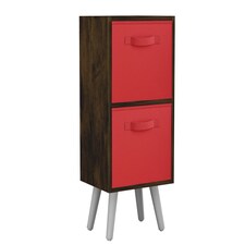 Rustic Brown 2-Tier 2-Drawer Cube Shelving Unit with Scandinavian Legs | Red | Red & White | 1