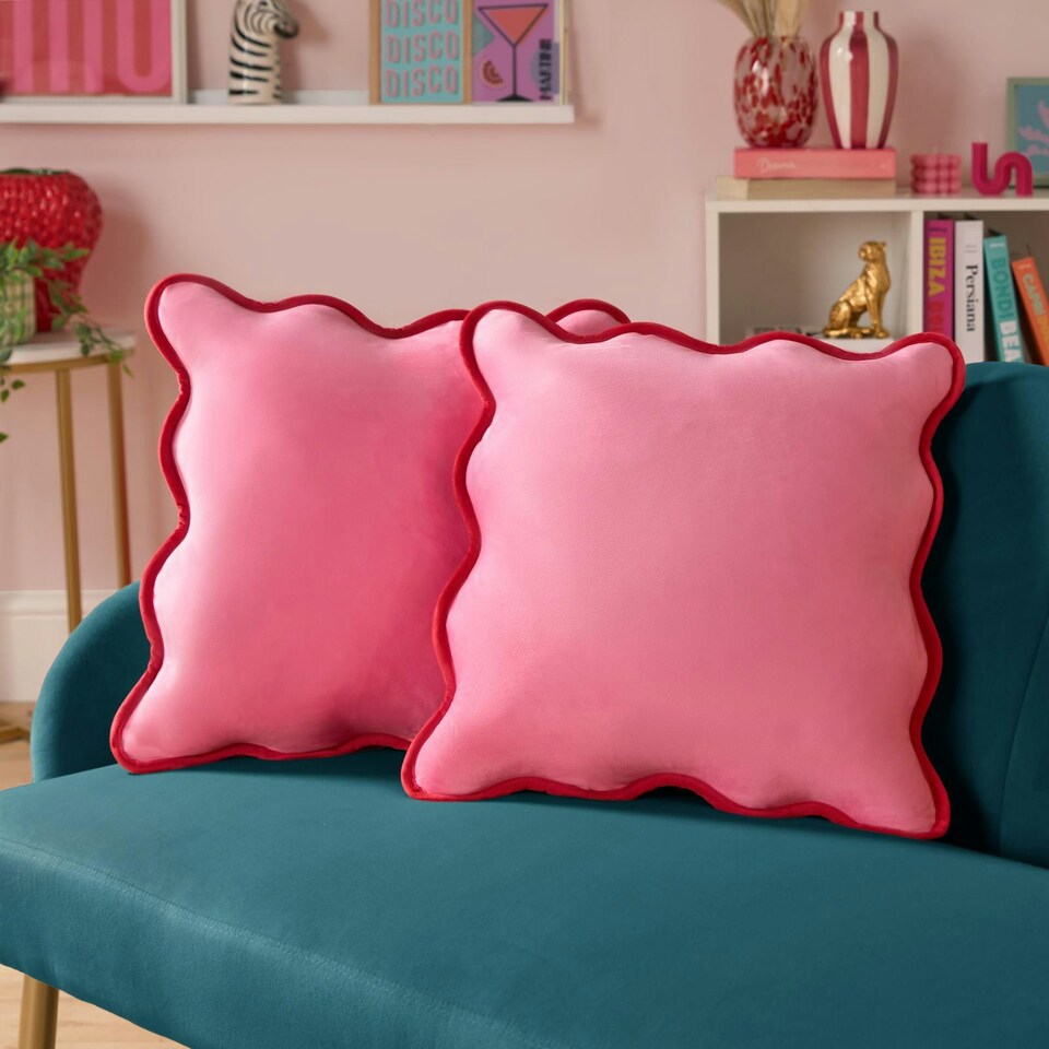 image 1 of OHS 4 x Matte Velvet Scallop Edge Filled Cushions, 45x45cm - Pink/Red | Multi | Pink and Red | 45 x 45cm | 4