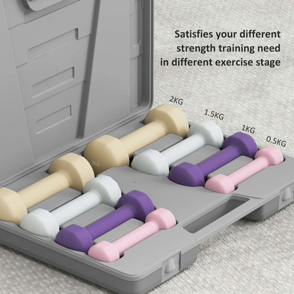 image 1 of HOMCOM 10kg Dumbbell Weights Set with Carry Case, Pink, Purple, Grey, Brown