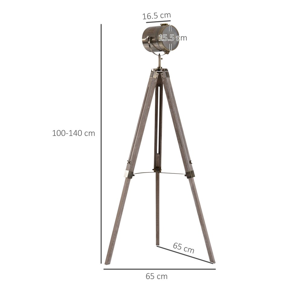 image 1 of HOMCOM Industrial Tripod Floor Lamp Wood Height Adjustable Spotlight Bronze