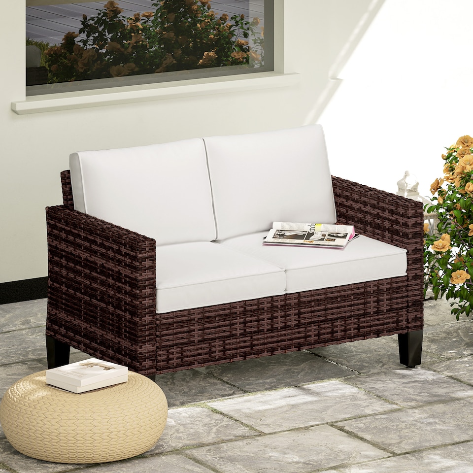 image 1 of Outsunny 2 Seater Rattan Sofa with Cushions, Wicker Garden Loveseat with Armrests, Outdoor Garden Sofa Couch with Steel Frame for Balcony, Porch, Brown