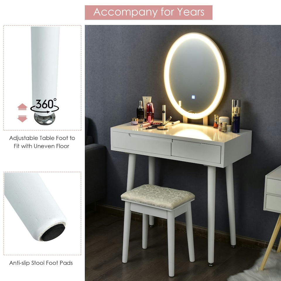 image 1 of COSTWAY Makeup Vanity Dressing Table Set with Lighted Mirror White