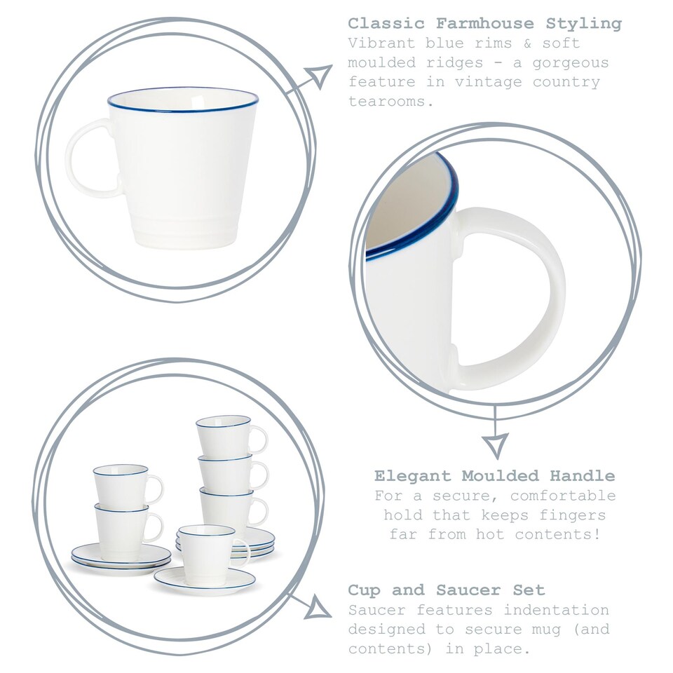 image 1 of Nicola Spring 12 Piece White Farmhouse Teacups & Saucers Set - 300ml
