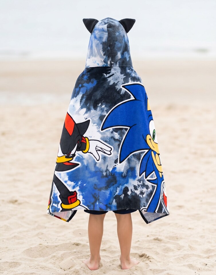 image 1 of Sonic The Hedgehog Shadow Boys Black Blue Poncho Towel | Hooded Beachwear with 3D Hood Detail & Graphic Character Design | Kids Poolside Towel Robe | Sonic Merch