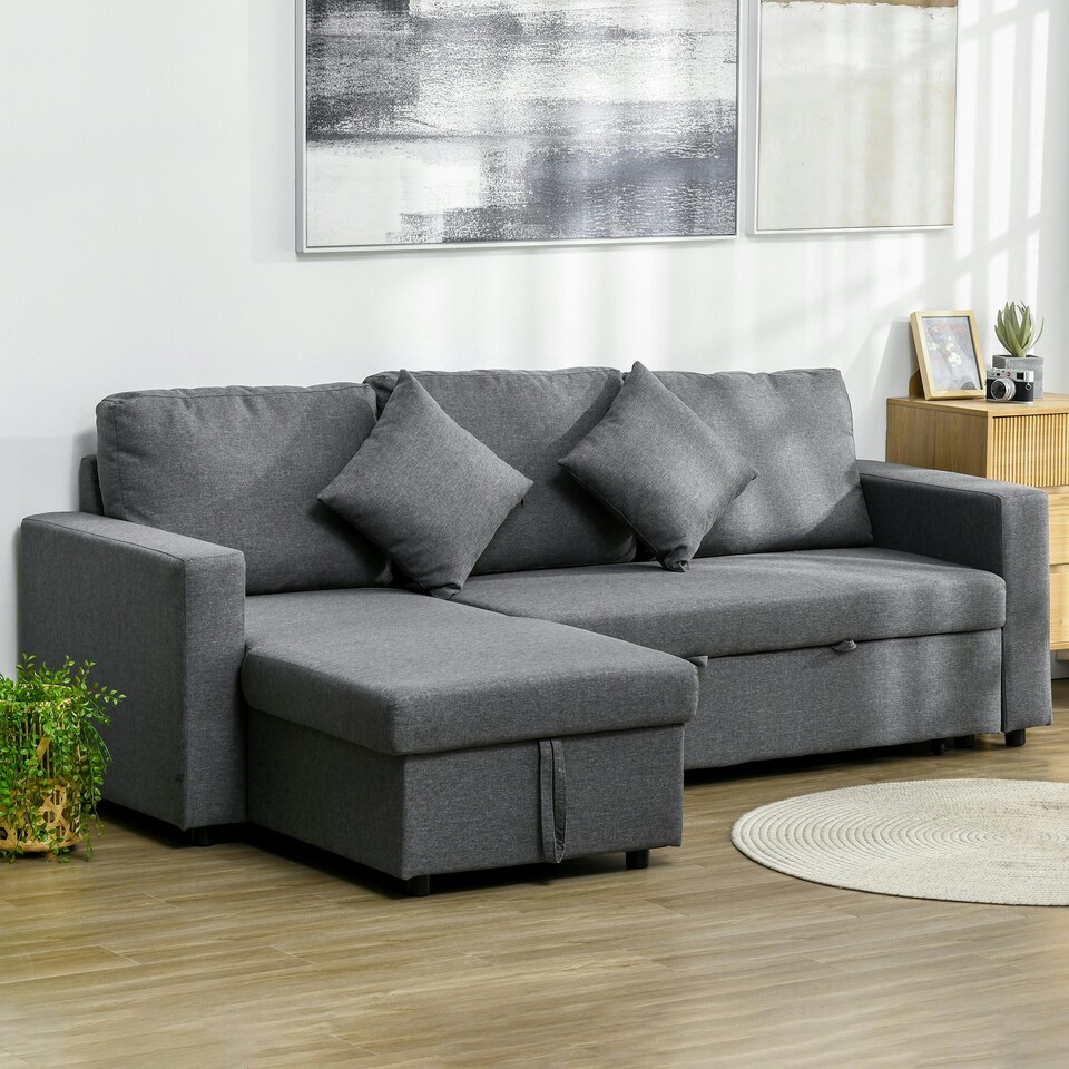 image 1 of HOMCOM Corner Sofa Bed w/ Storage, 3 Seater Pull Out, Dark Grey