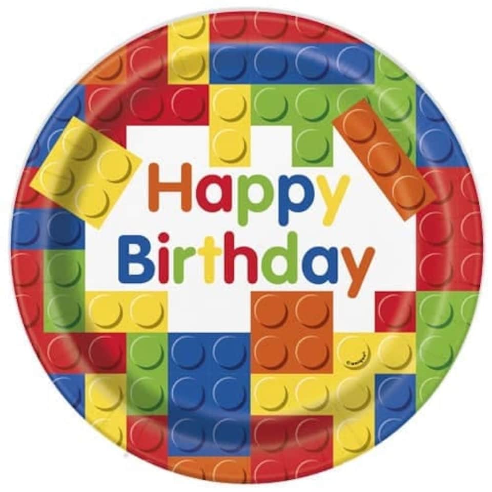 Building Blocks Happy Birthday Round Paper Plates 22cm - Pack of 8
