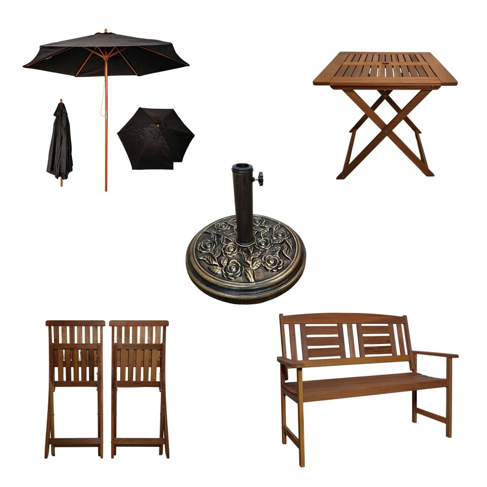 image 1 of Outdoor 6 Person Folding Rectangular Wooden Garden Patio Dining Table Chairs and 2 Benches Parasol and Base set