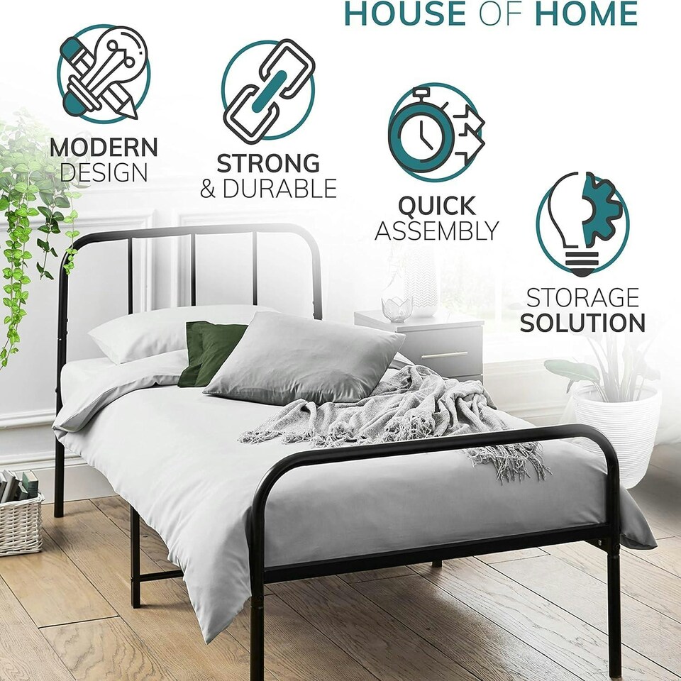 image 1 of Single Bed Frame Metal Rounded Headboard Easy Assembly Under Bed Base Storage Space