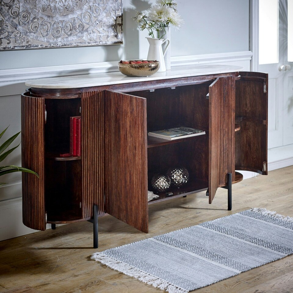 image 1 of Miel Mango Wood Sideboard With Marble Top & Metal Legs