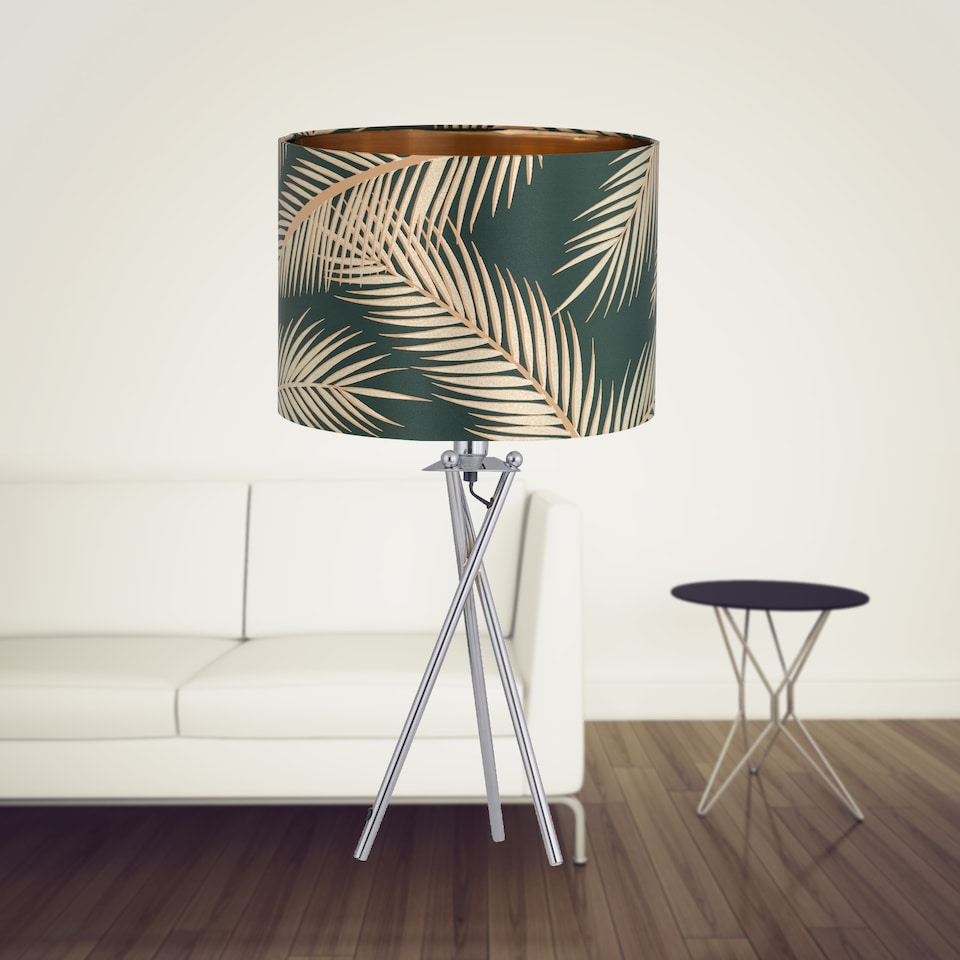 image 1 of Set of 2 Tropica - Chrome Tripod Lamps with Dark Green and Gold Shades | Chrome | Polished chrome plate and dark green fabric and gold embossed foil | 2